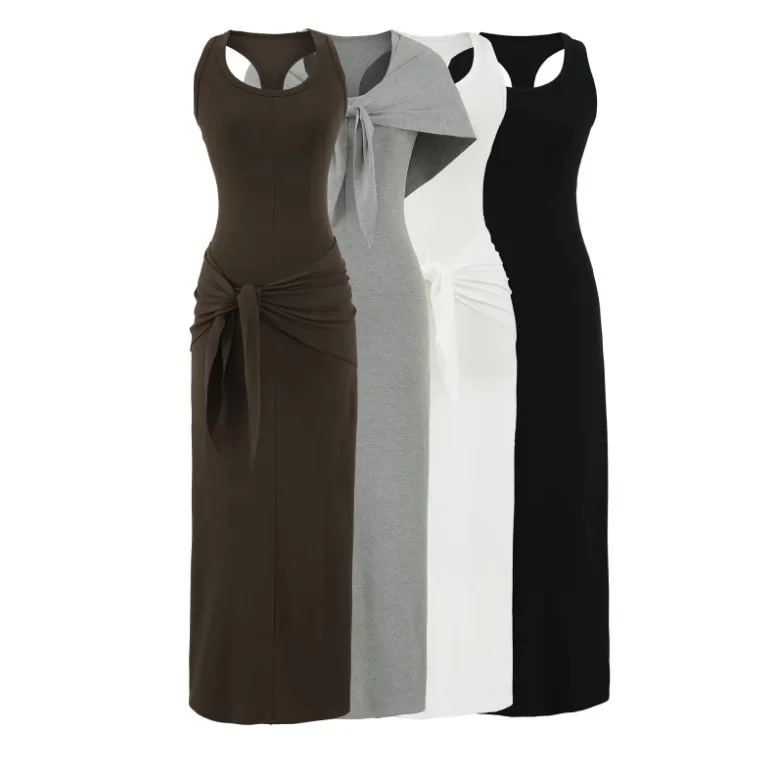 女性ノースリーブウエストレースアップツイストベストミディドレス