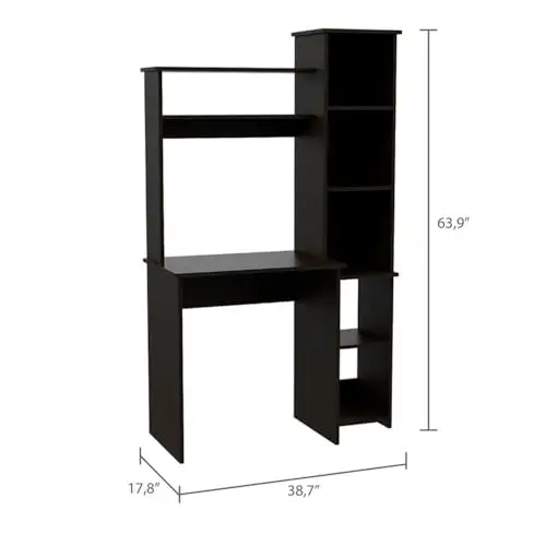 

Black Engineered Wood Desk With Hutch And Tall Side Shelf Unit, Compact Home Office Workstation, 63.9 Inch Height