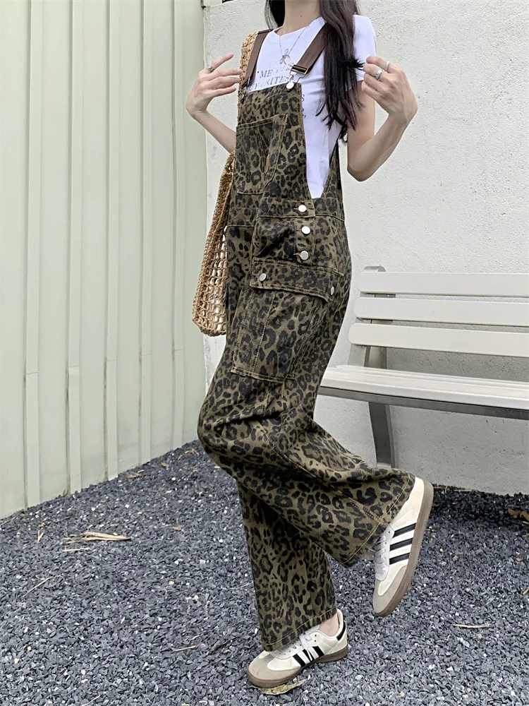 Jumpsuits Women Vintage Spring Daily Fashion Leopard Print Design European Style All-match Wide Leg Trousers Cozy Pockets Denim