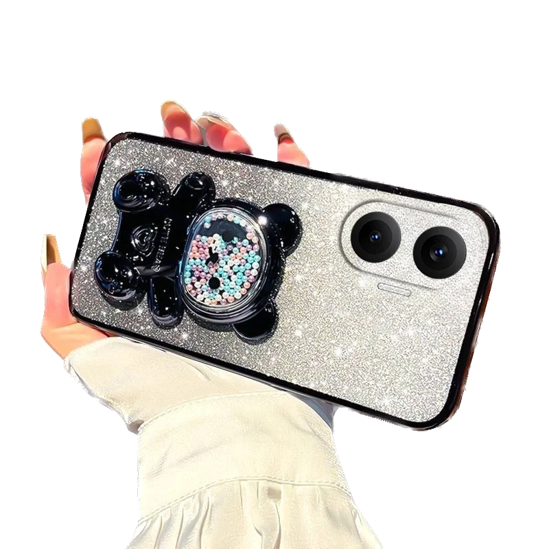 Cute Bear Bracket Plating Phone For Xiaomi Poco F7 Pro Ultra 5G Holder Case for Xiaomi Poco F7 Ultra Pro 5G Clear Stand Cover
