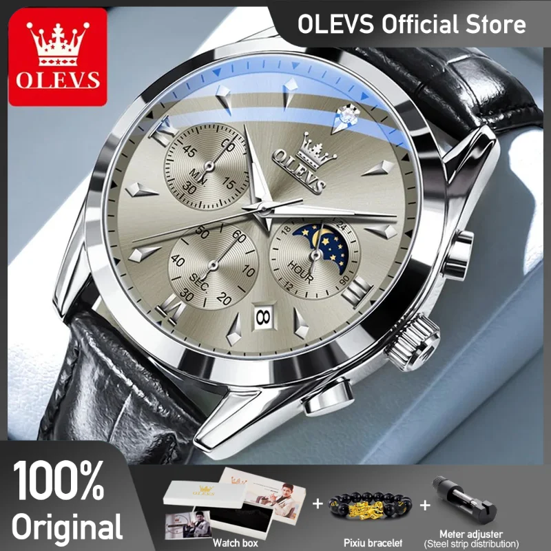 

OLEVS Men's Watches Casual Fashion Style Original Quartz Watch for Man Comfortable Leather Strap Waterproof Luminous Moon Phase