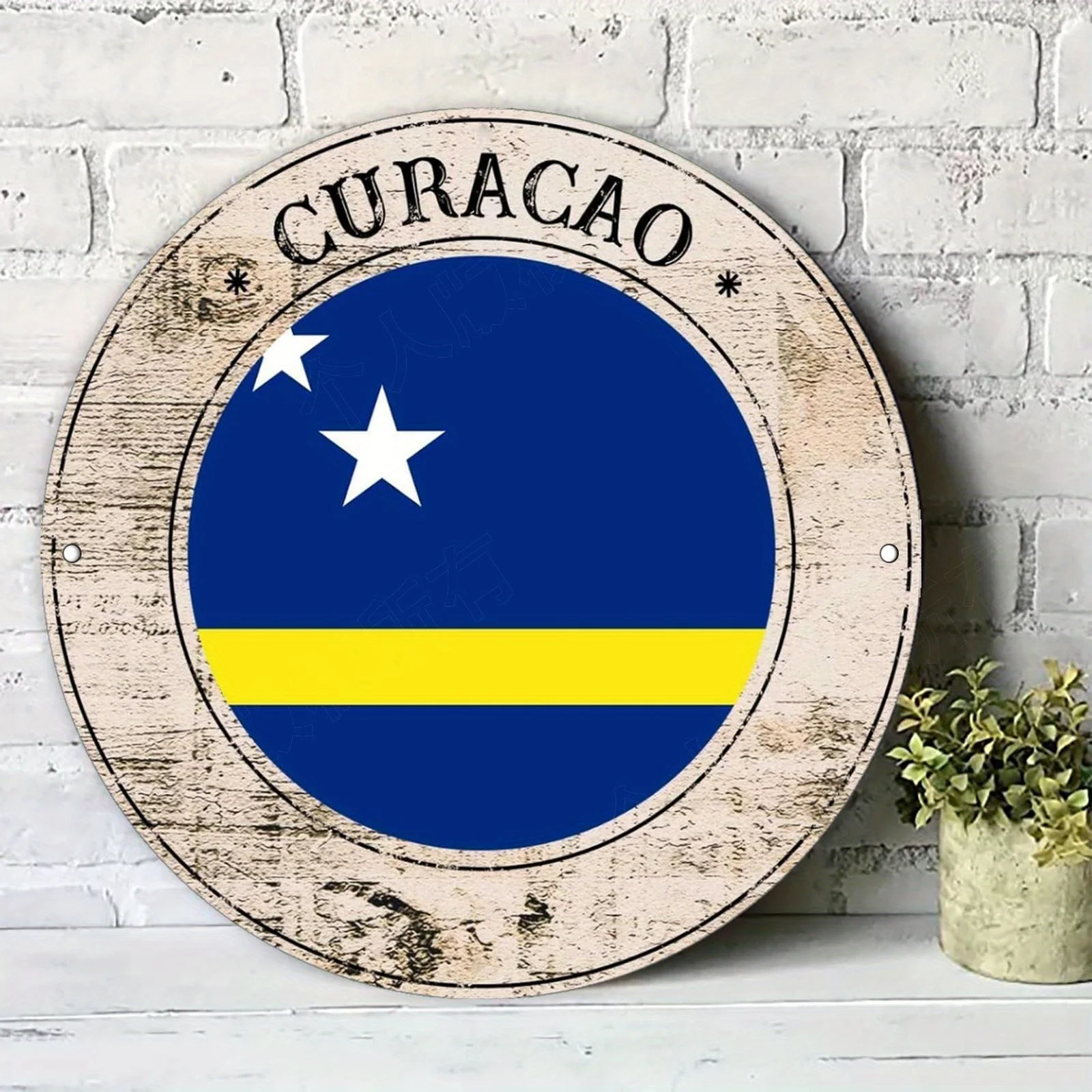 Arte de pared de aluminio vintage plano 2D - Letrero metálico con la bandera de Curazao con diseño de madera envejecida, placa circular rústica azul y amarilla