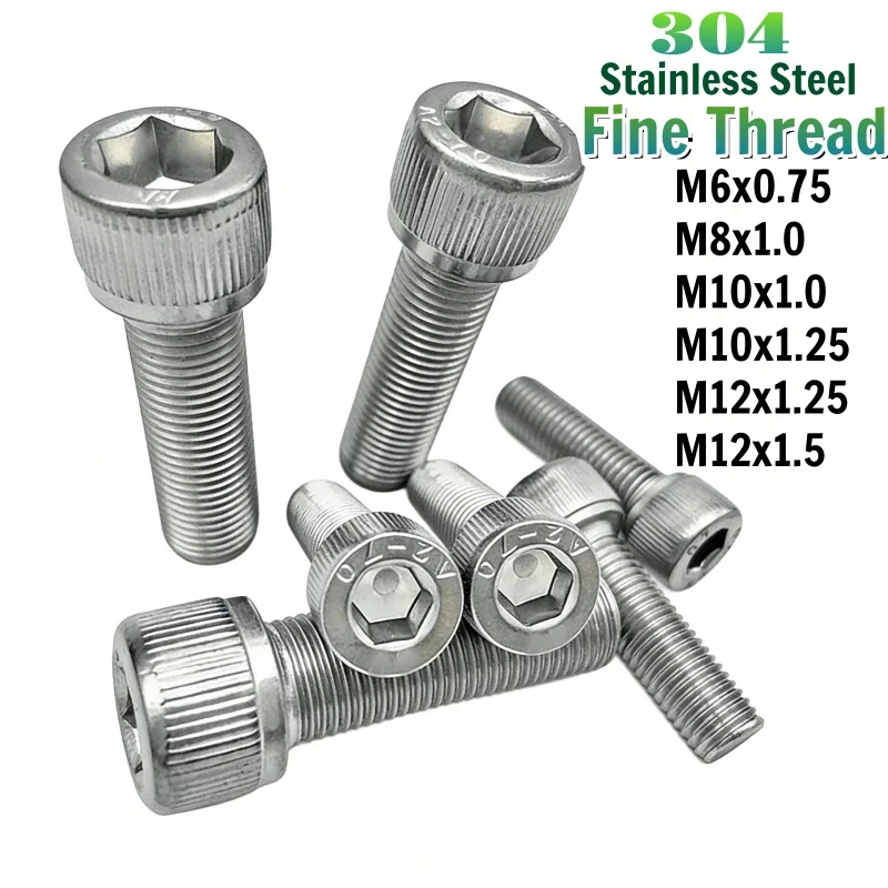 Beicai M6 M8 M10 M12 Fine Thread Hexagon Hex Socket Cap Screws SUS304 Stainless Steel Allen Bolts Pitch 0.75/1.0/1.25/1.5mm