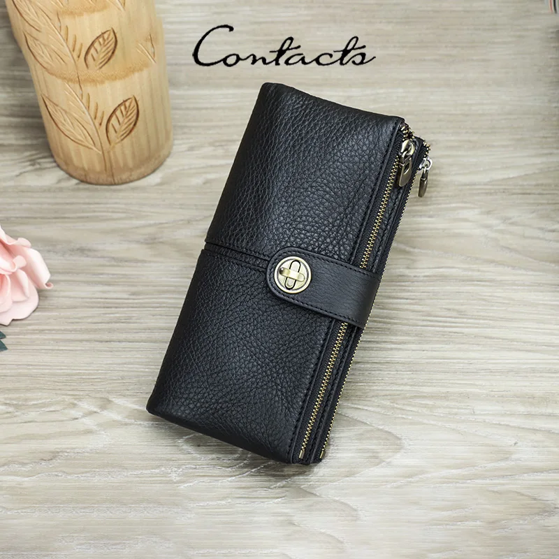 CONTACT'S Genuine Leather Long Wallet Women Vintage Senior Card Slots Clutch Wallets Female RFID Travel Business Gift Money Bag