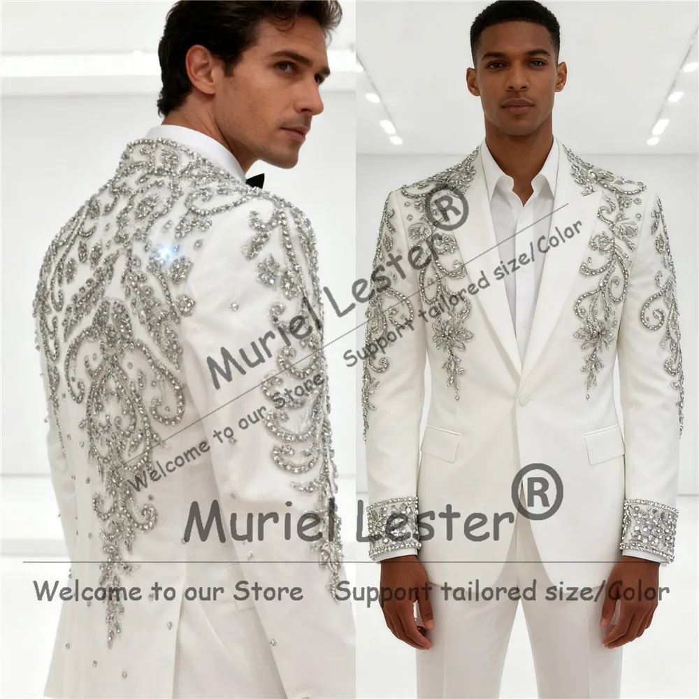 

Unique Design Diamond Stones Suit Men For Wedding Single Breasted Groom Blazers Customized 2 Pieces Sets Beaded Groom Tuxedos