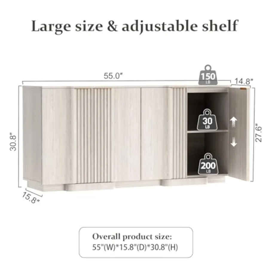 55 Fluted Sideboard Buffet Cabinet with Storage, Credenza for Dining Room Wood, Natural Finish Sleek Vertical Grooves, Ample Co