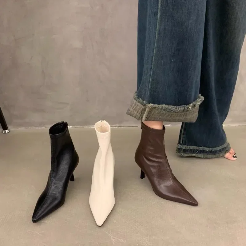 الترفيه حذاء من الجلد النساء أحذية الشتاء أشار تو أحذية امرأة رقيقة عالية الكعب الصلبة المعادن الديكور الجلود الأحذية الحديثة #3