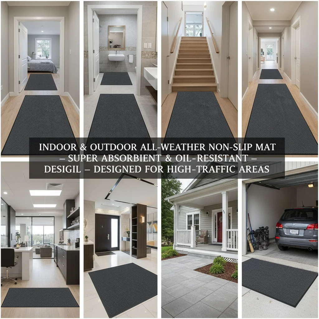 Indoor/Outdoor Floor Mat 3m x 1.2m Dark Grey, Non-Slip Stripe Entrance Doormat with Strong Water Absorption, Cut-to-Size PET Door Mat for Kitchen, Foyer, Balcony, Patio