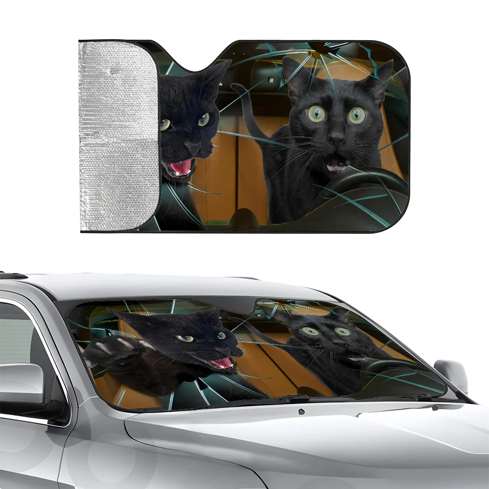 Black Cat Car Sunshade Curtains Heat-insulating Aluminum FilmReusable Suction Cup Blocks UV Rays Car Sun Visor Protector