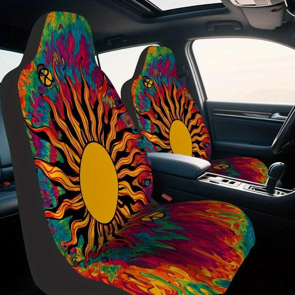 Set Of 2, Stylish Front Seat Covers Featuring A Psychedelic Sun And Peace Symbol Design, Soft And Machine Washable, Ideal For Bo
