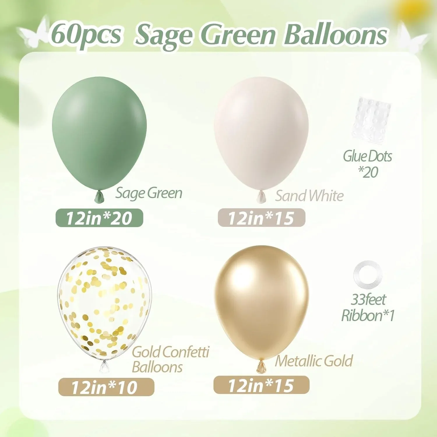 60Pcs Sage green Sand White Metallic Gold Confetti Balloons for Boho Birthday Wedding Bridal Baby Shower Engagement Party Decor view 6
