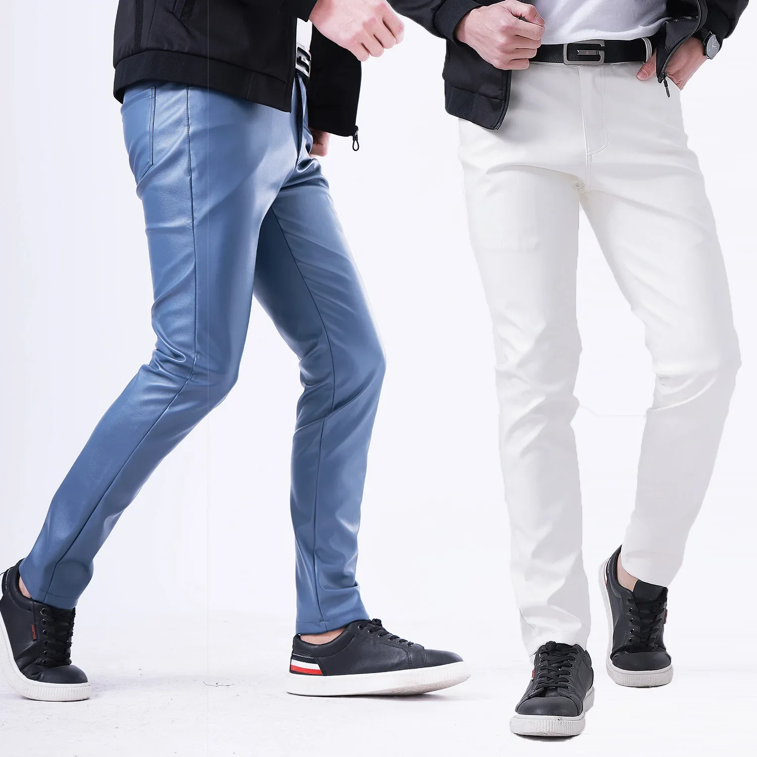 

Spring Summer Thin Youth Mens Leather Pants Stretch Slim Fit Fashion Color White Bar Leather Pants for Men