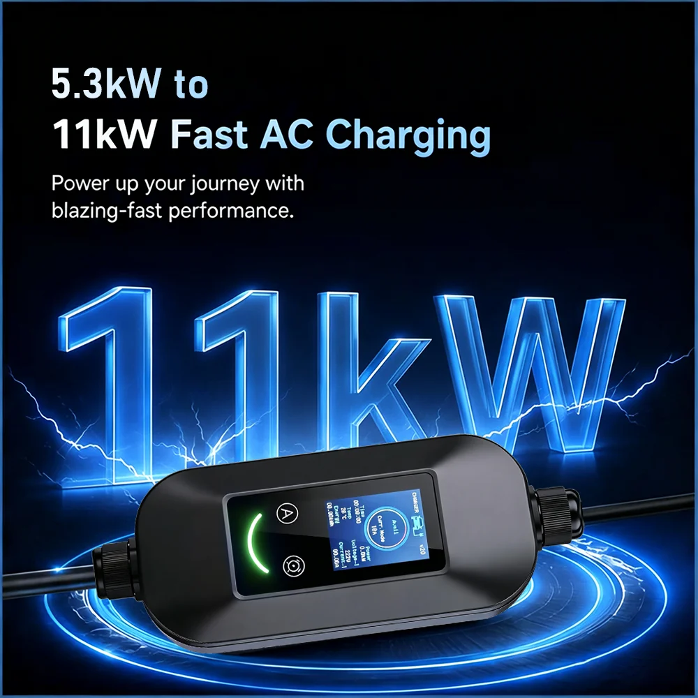 Teschev Portable 11kW Type 2 EV Charger 16A 3 Phases Evse Charging Cable with Male Plug for Home Electric Car Charging