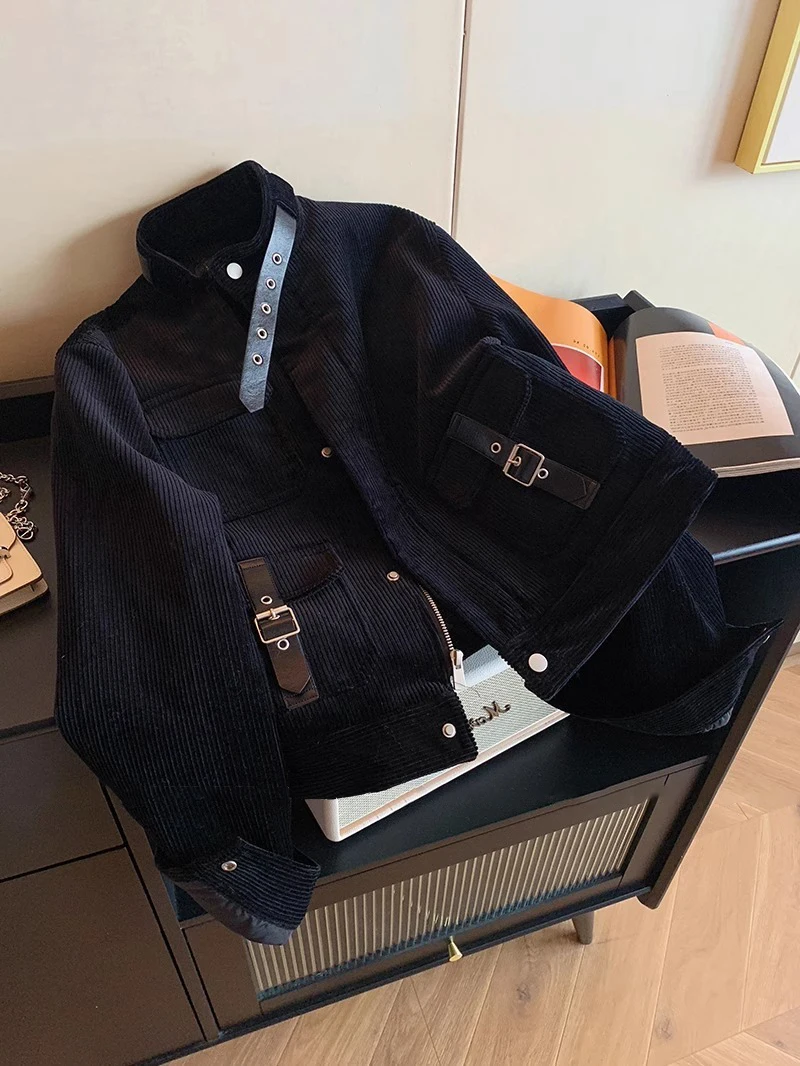 

High-End Vintage Bla Corduroy Jaet with Multiple kets ex Spring Autumn Stand Collar ort Biker Sle Top Coat
