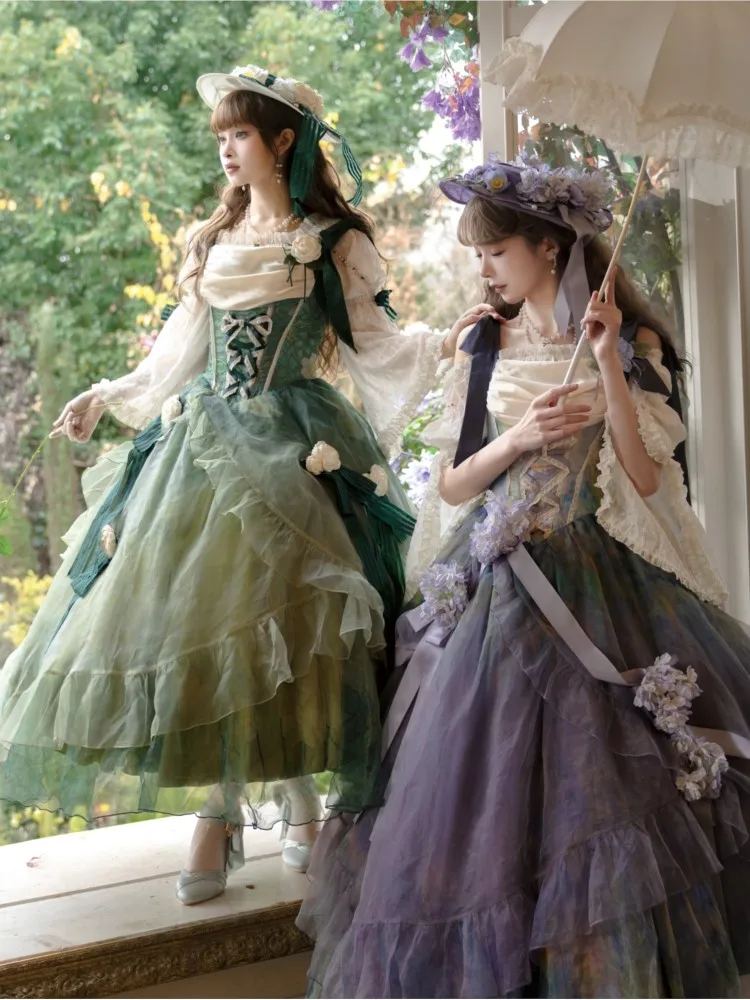 

New fashionable and wild rose swing neck oil painting handle dress