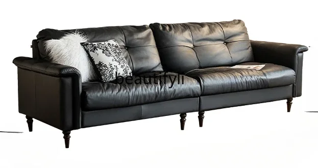 American leather sofa solid wood living room home, cowhide retro light luxury high-end texture soft sofa