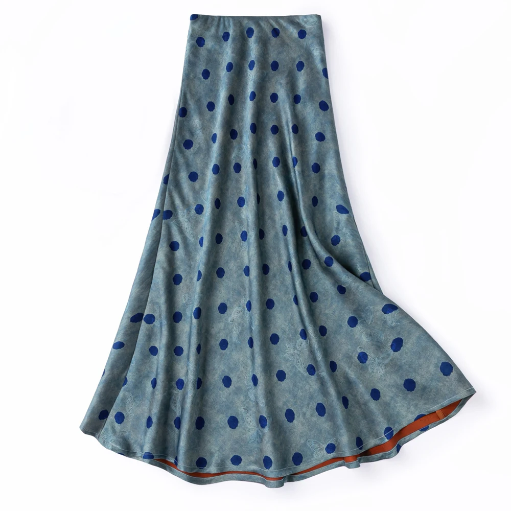 Women's Fashion Summer New Big Swing 100% Natural Mulberry Silk Gambiered Guangdong Gauze Oblique Cut Dot Printed Mermaid Skirt