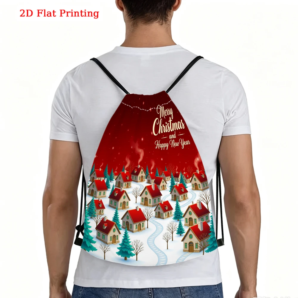 Christmas Village 2D Flat Printing Drawstring Backpack, Festive Snowy Houses Pattern Gym Sports Bag, Outdoor Travel Cinch Sack