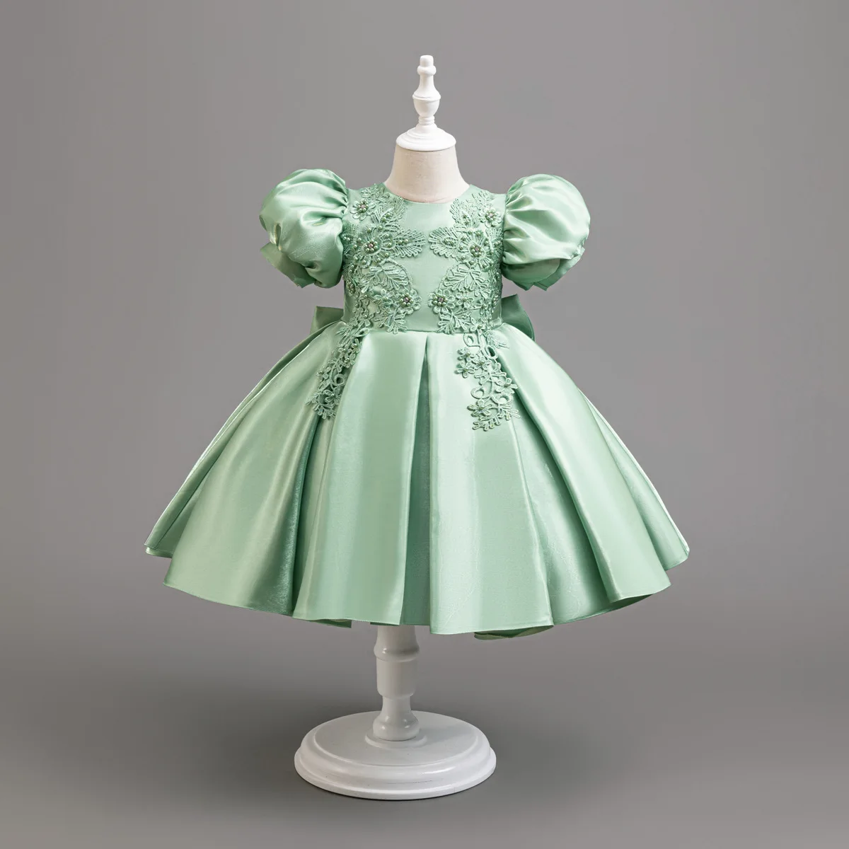 New Flower Girl Wedding Dress for Girls Satin Puff Sleeve Evening Dress for Girls 3-10 Years Old Girls Graduation Party Performa