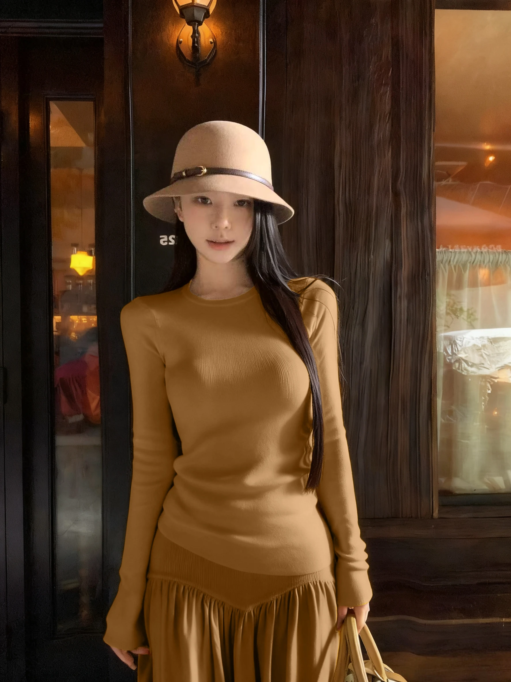 

Fashionable Pure Color Long Sleeve T-Shirt And Skirt Set for Women Summer Pleated Versatile Half-length Dress Two-piece Set
