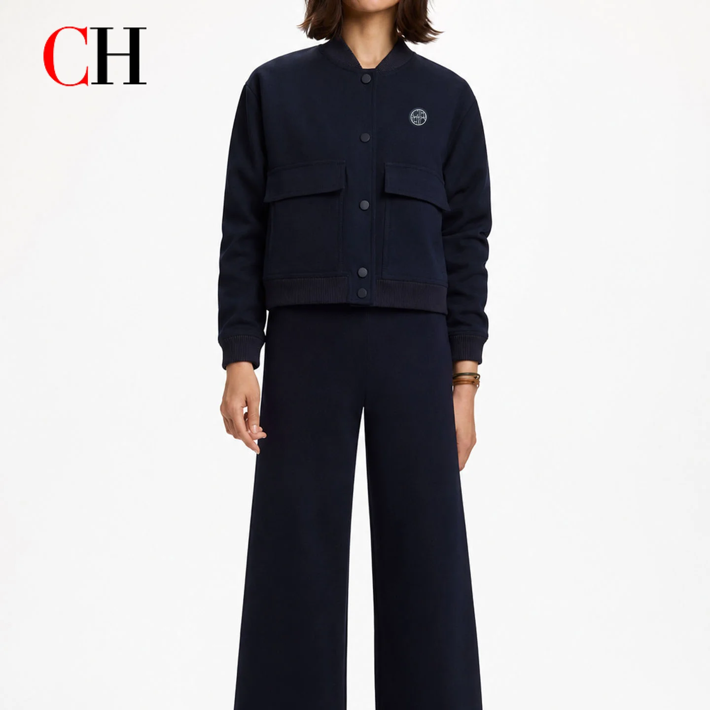CH Women's Navy Blue Er Jacket Short Button-down Work Jacket With Pocket Casual Street Style Jacket Suitable Spring Autumn