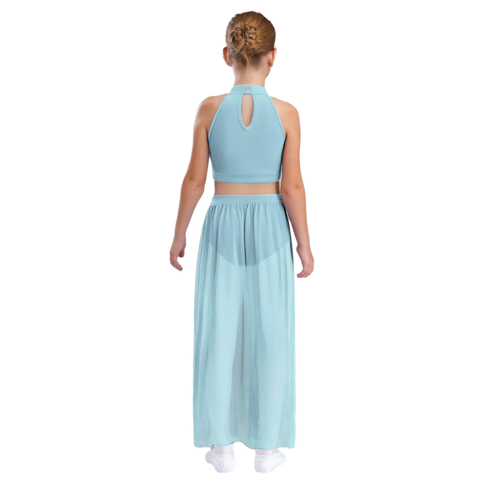 Kid meisjes lyrische moderne hedendaagse danskostuum mouwloze kleurblok ruches crop top met split chiffon rok ballet outfit