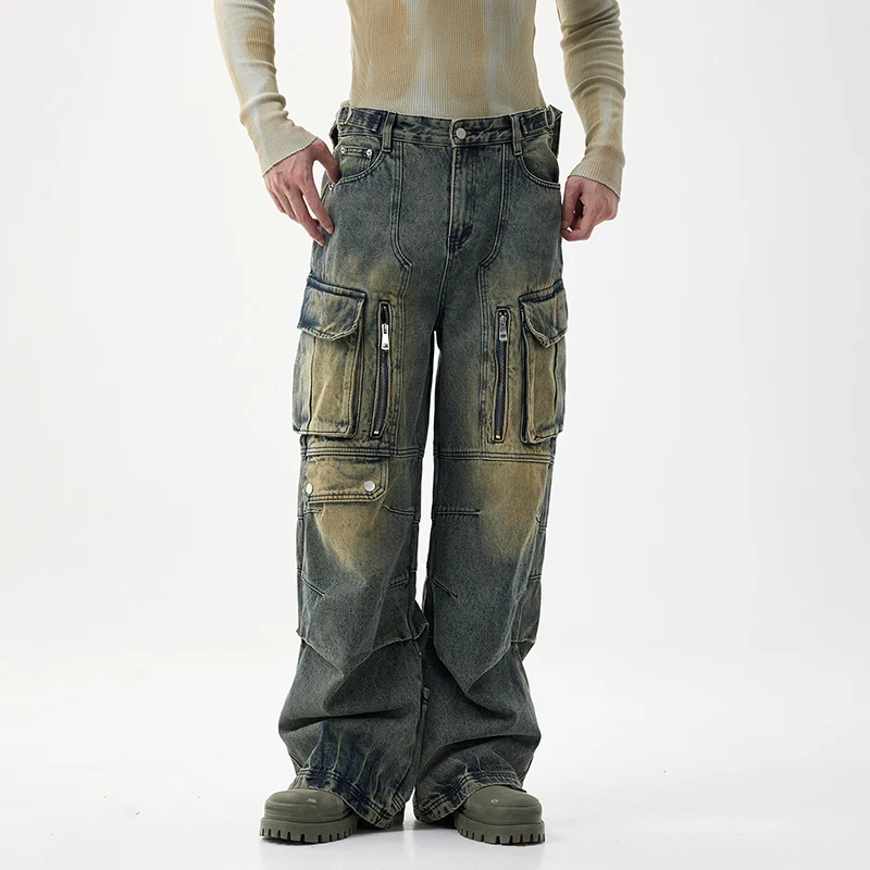 Cargo Jeans Men Baggy Pants Loose Wide Leg Vintage Trousers Hip Hop Multi-Pockets Fashion Zippers Deisnger Trendy Moto Biker Man