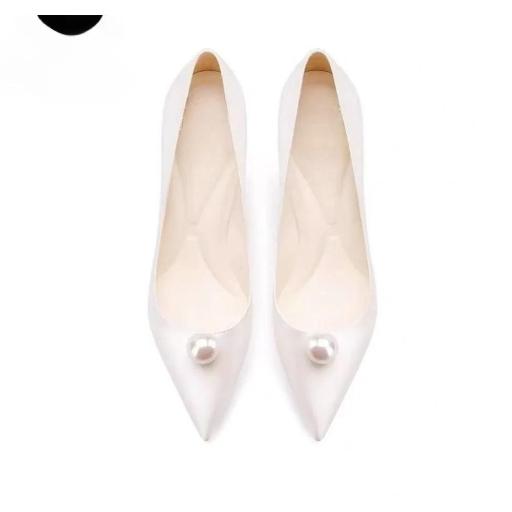 New White Satin Wedding Bride Shoes Pearl High Heels French Bridesmaid Shoes Fashion Pumps view 6
