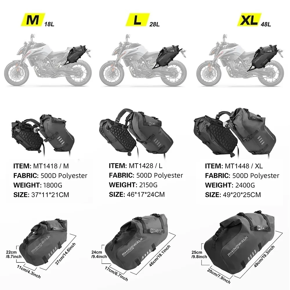 Rhinowalk 2PCS Motorcycle Side Bag Waterproof Motorbike Saddle Bag 18L/28L/48L Motor Pannier Bag Riding Travel Luggage Tail Case