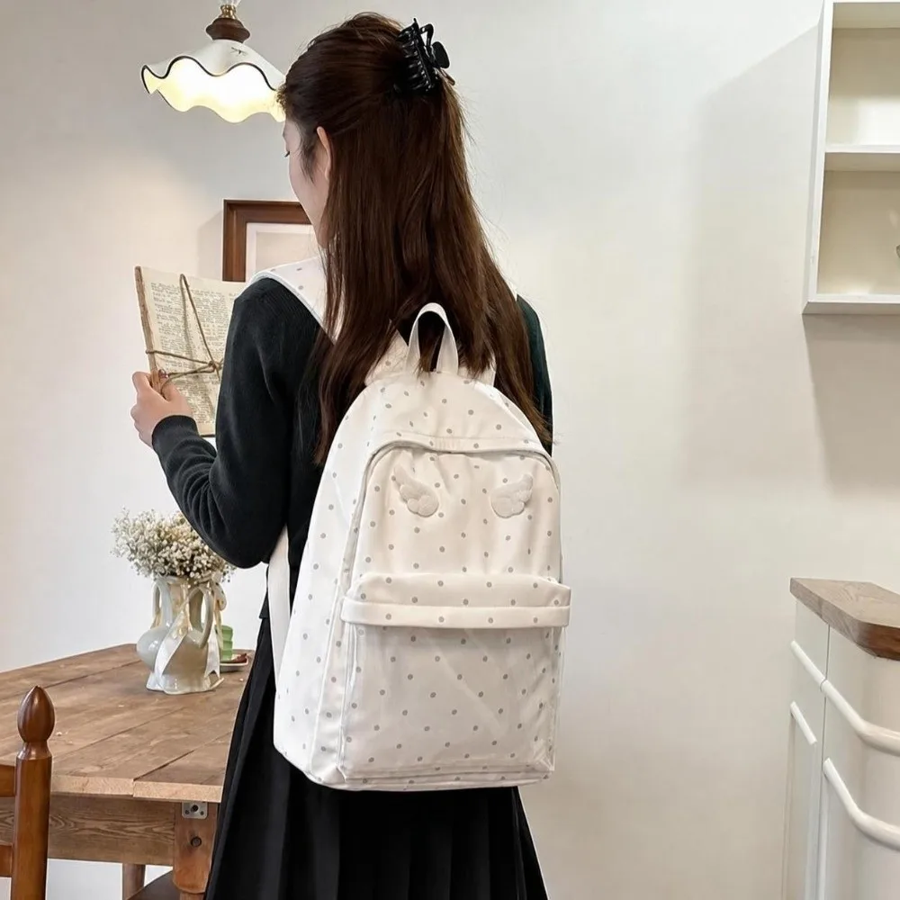 2 Sizes Polka Dot Backpack Large Capacity Polka Dot Pattern Angel Wings Backpack Transparent Pocket Laptop Backpack for Girls