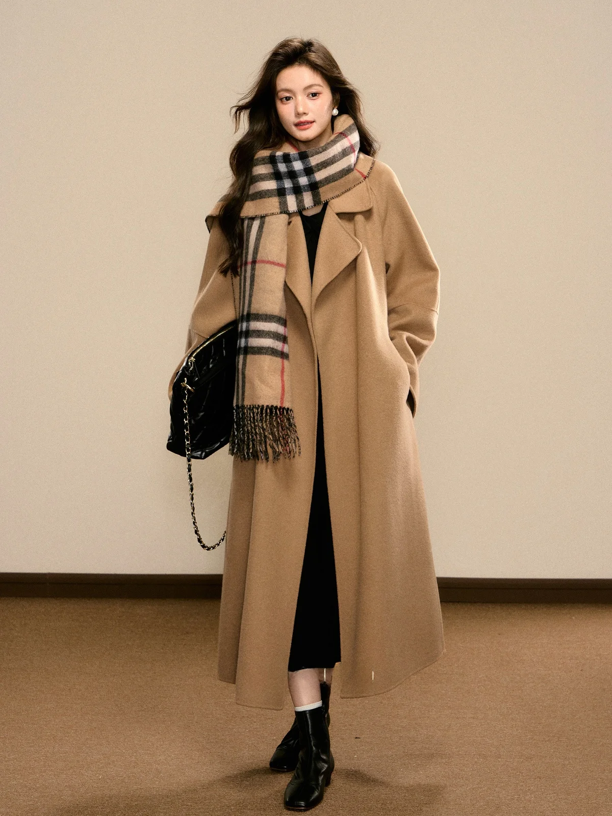 Abrigo de lana color caramelo para mujer, doble botonadura, solapa, moda otoño-invierno, elegante, manga larga, estilo coreano, online.