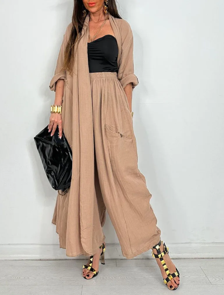 Set casual in due pezzi alla moda primavera maniche lunghe larghe tasche grandi cardigan esteso pantaloni a gamba larga a vita alta set per le donne