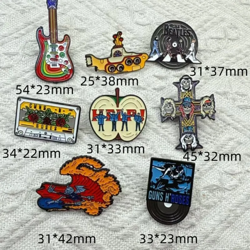 8Styles Hip Hop Gun Roses Theme Enamel Brooches Skull Cross Guitar Tape Shaped Music Pins