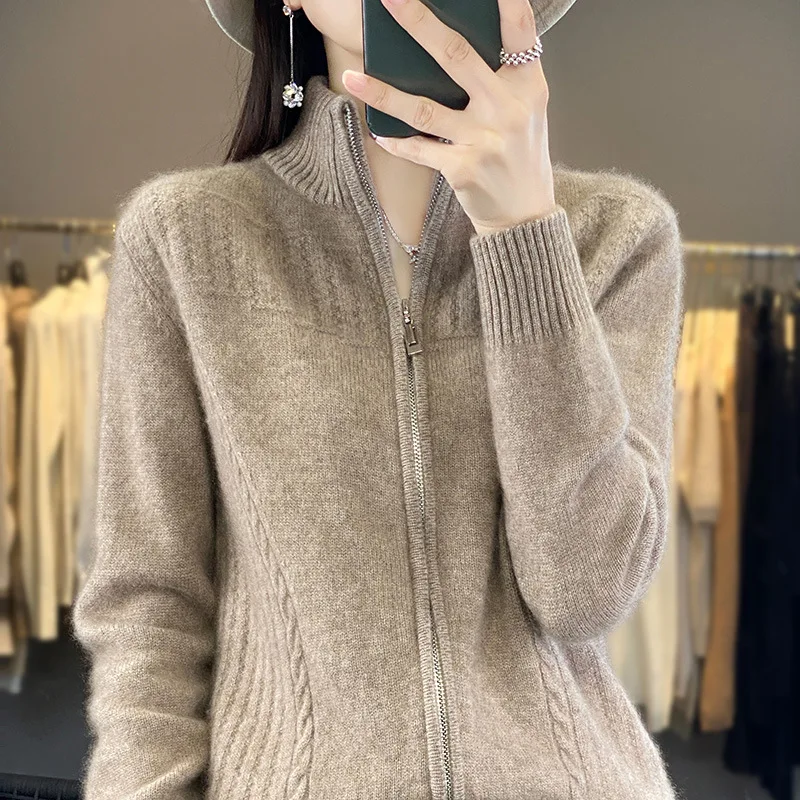 

Fall 2025 Zipper Knitted Short Half-High Collar Loose Women's Sweater Coat Fashionable Top Spring Autumn New Style Open Cardigan