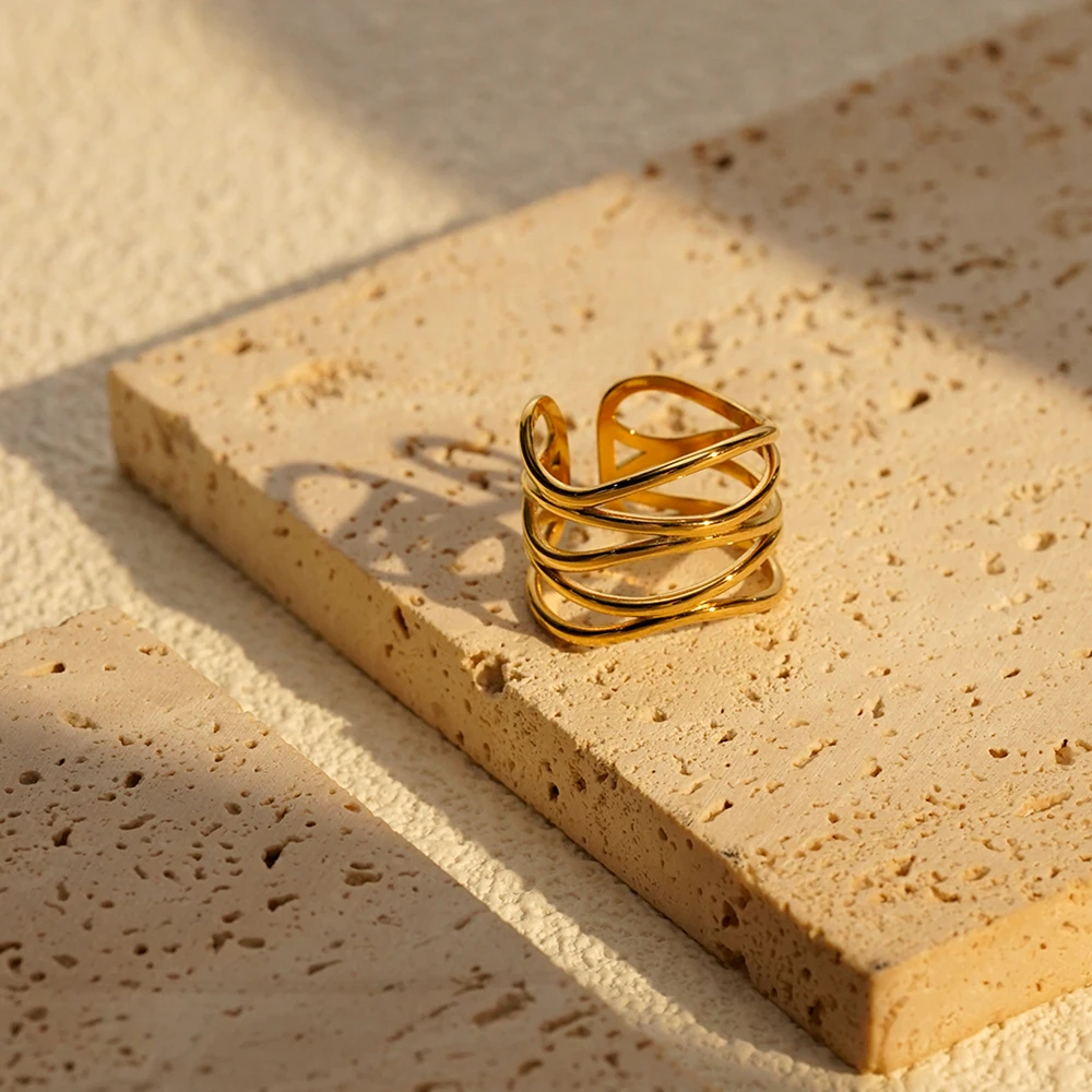 

ENFASHION Anillos Mujer Wave Line Open Ring For Women Stainless steel 18K Plated Gold Fashion Cocktail Jewelry Dailywear R254510