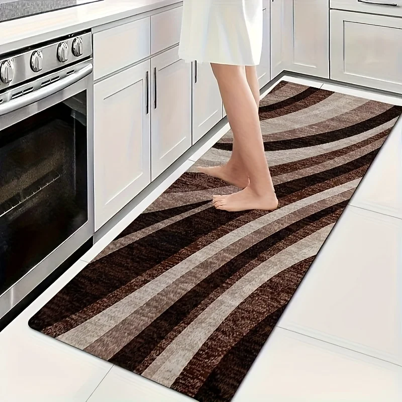 Modern Brown Wave Striped Kitchen Runner Rug, Contemporary Curved Line Plush Non-Slip Absorbent Floor Mat for Entryway Bathroom