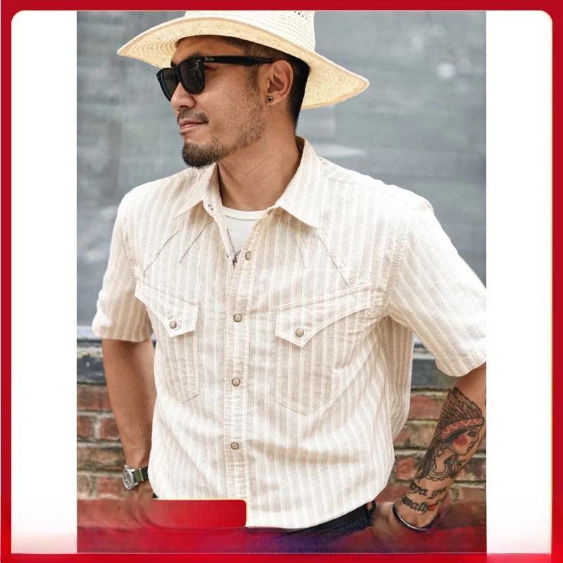 

Loose Casual Men's Short Sleeve Striped Work Shirt Western Style Summer Vintage Khaki Youth Popular Standard Fit Button up