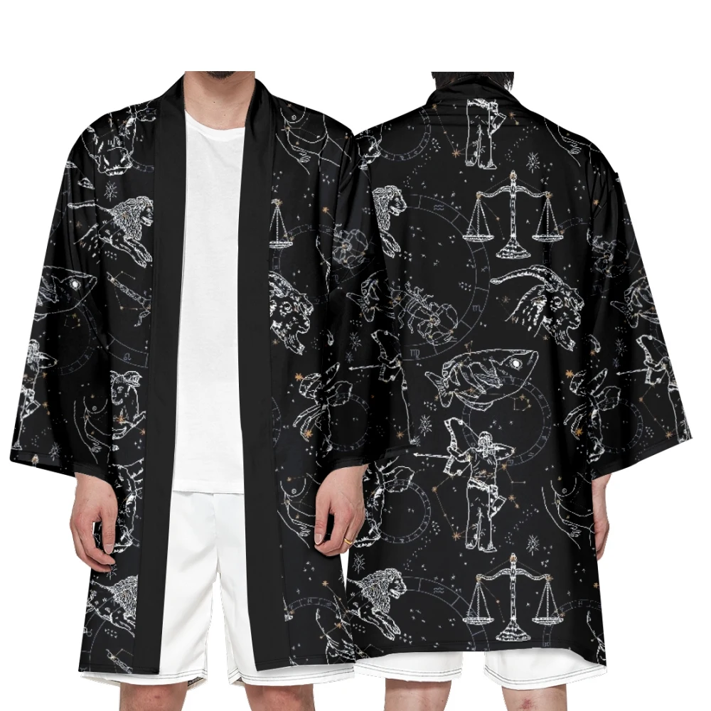

Men's Japanese Long Kimono Cardigan Boys Samurai Costume Kimono Constellation Pattern Kimono Shirt Yukata Outer Cover