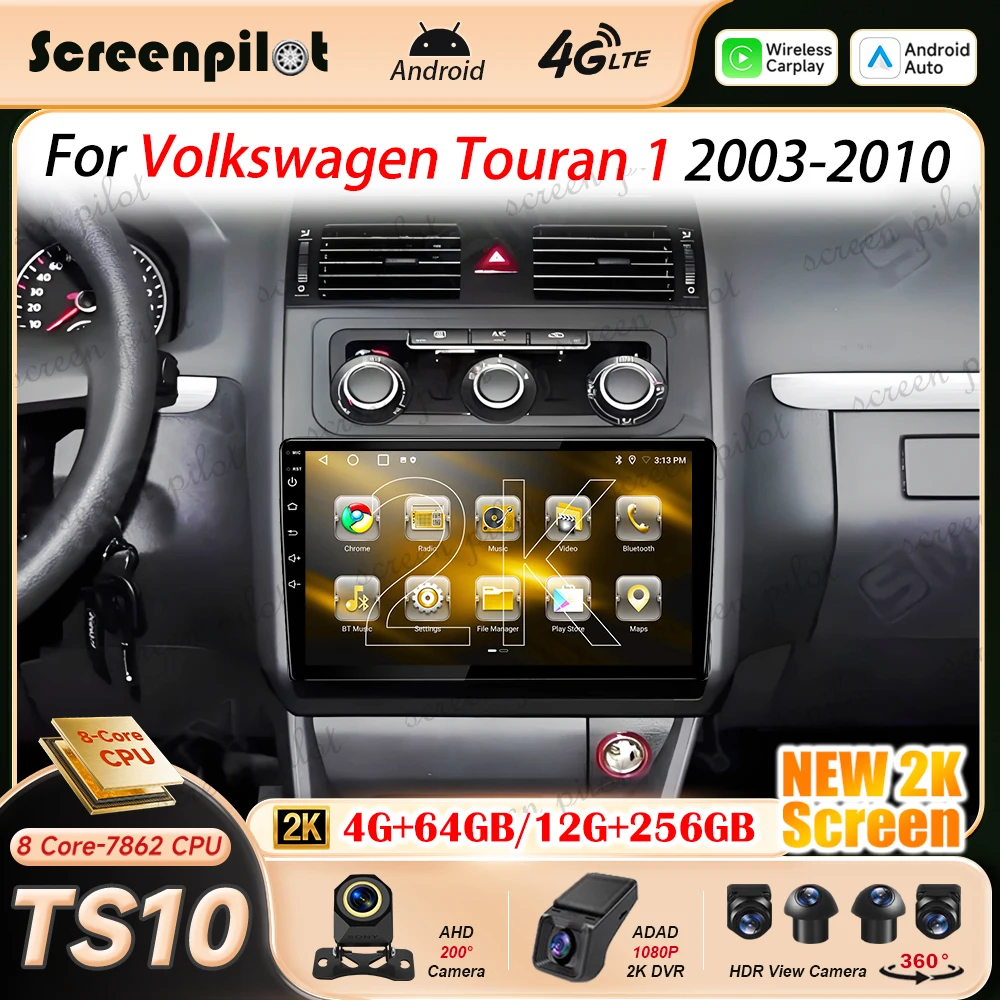 10 Inch Android 16 Car Radio Stereo For Volkswagen Touran 1 2003 2004-2010 2K QLED Multimidia Player GPS Carplay Android Auto 5G