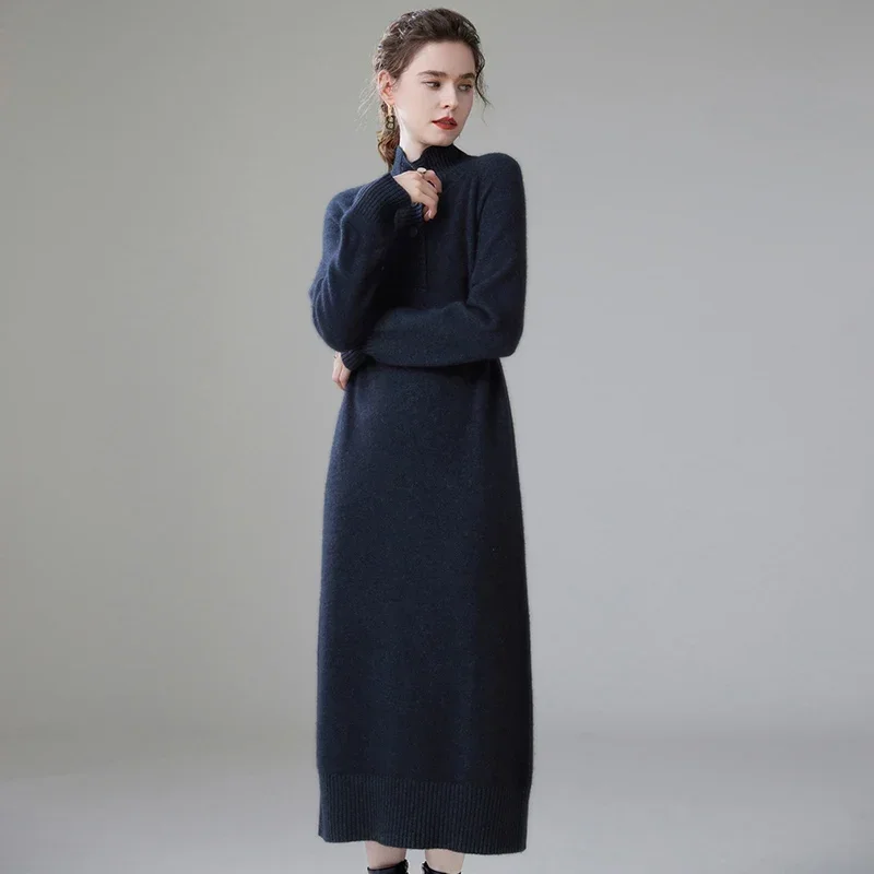 High-end New 100% Cashmere Sweater Long Dress Women Fashion Knitted Dresses Female Loose Large Size O-Neck Pullover 3Colors