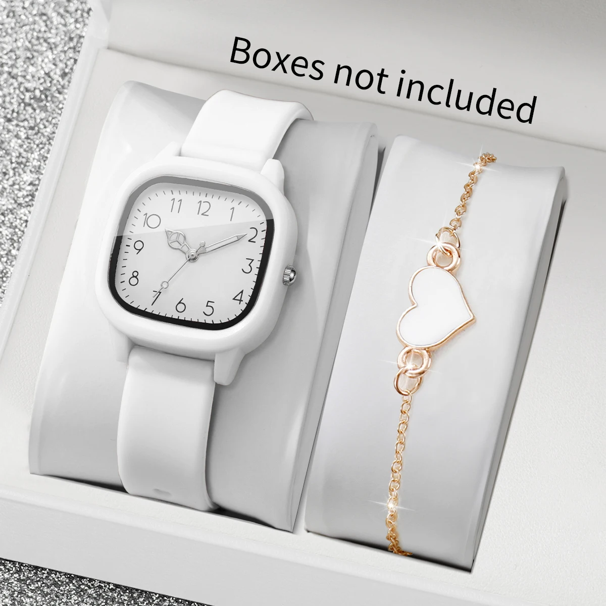 2PCS Fashion Women Watch Heart Bracelet Set Square Dial Silicone Strap Ladies Quartz Wristwatches Relogio Feminino (Without Box)
