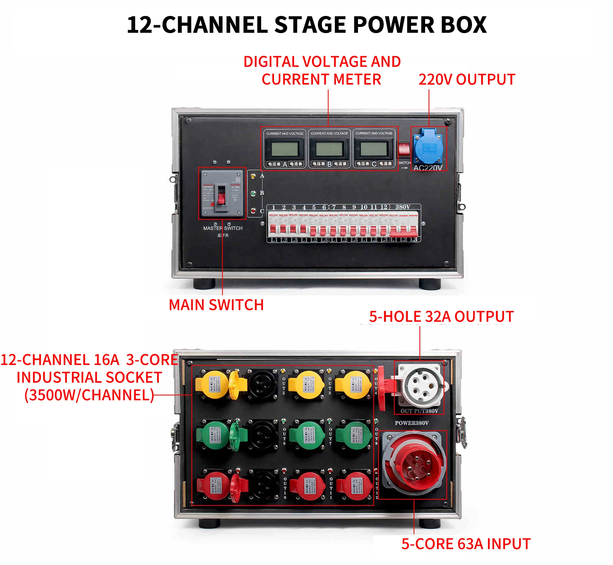 12 Channels 12 Ways Stage Power Distribution Box with Waterproof Sockets Stage Power Distro Box Power Distro Equipment for Stage