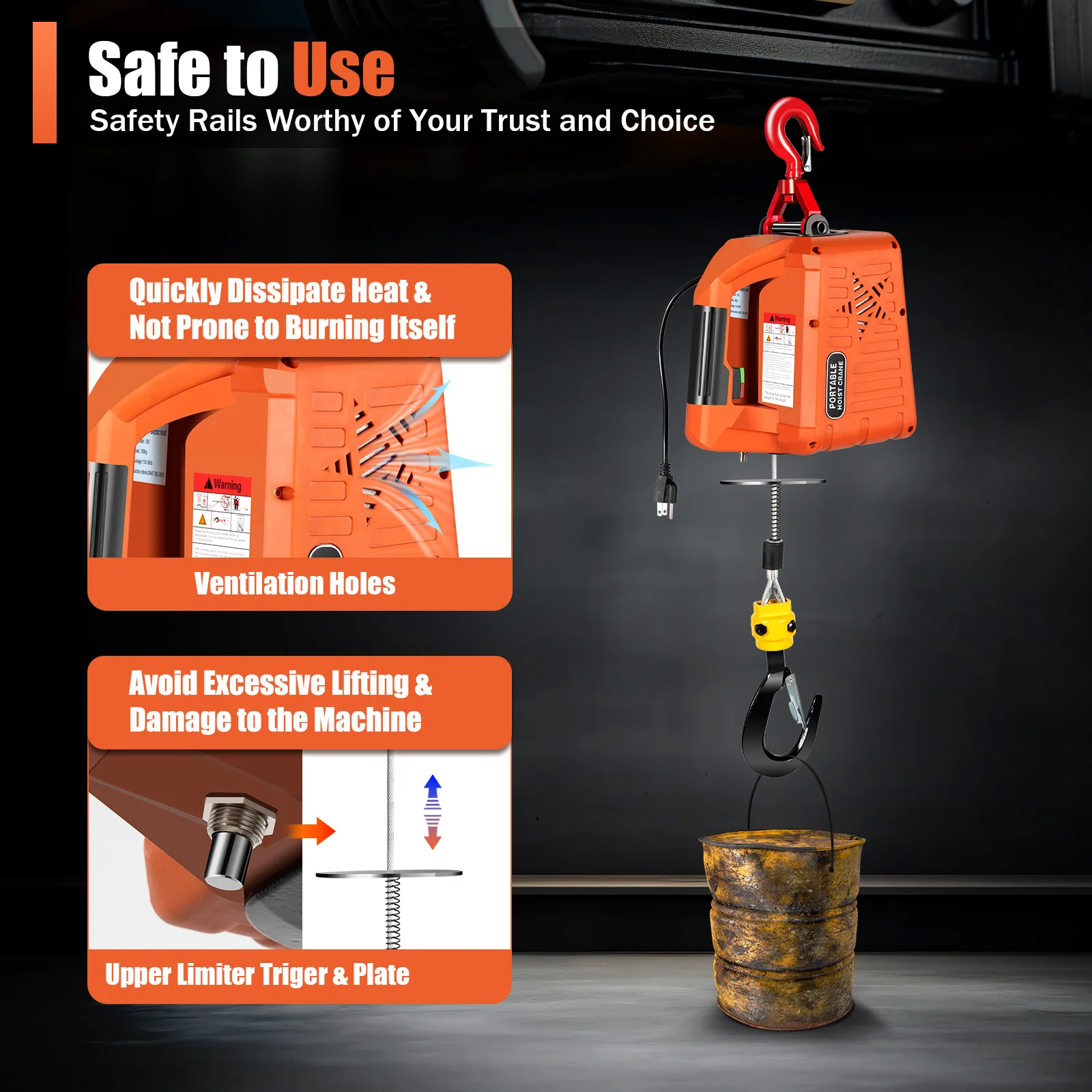 3 in 1 Electric Hoist Winch 1100LBS w/Wireless Remote Control 110V Lift 16ft/min for Equipment Lifting and Traction Operations