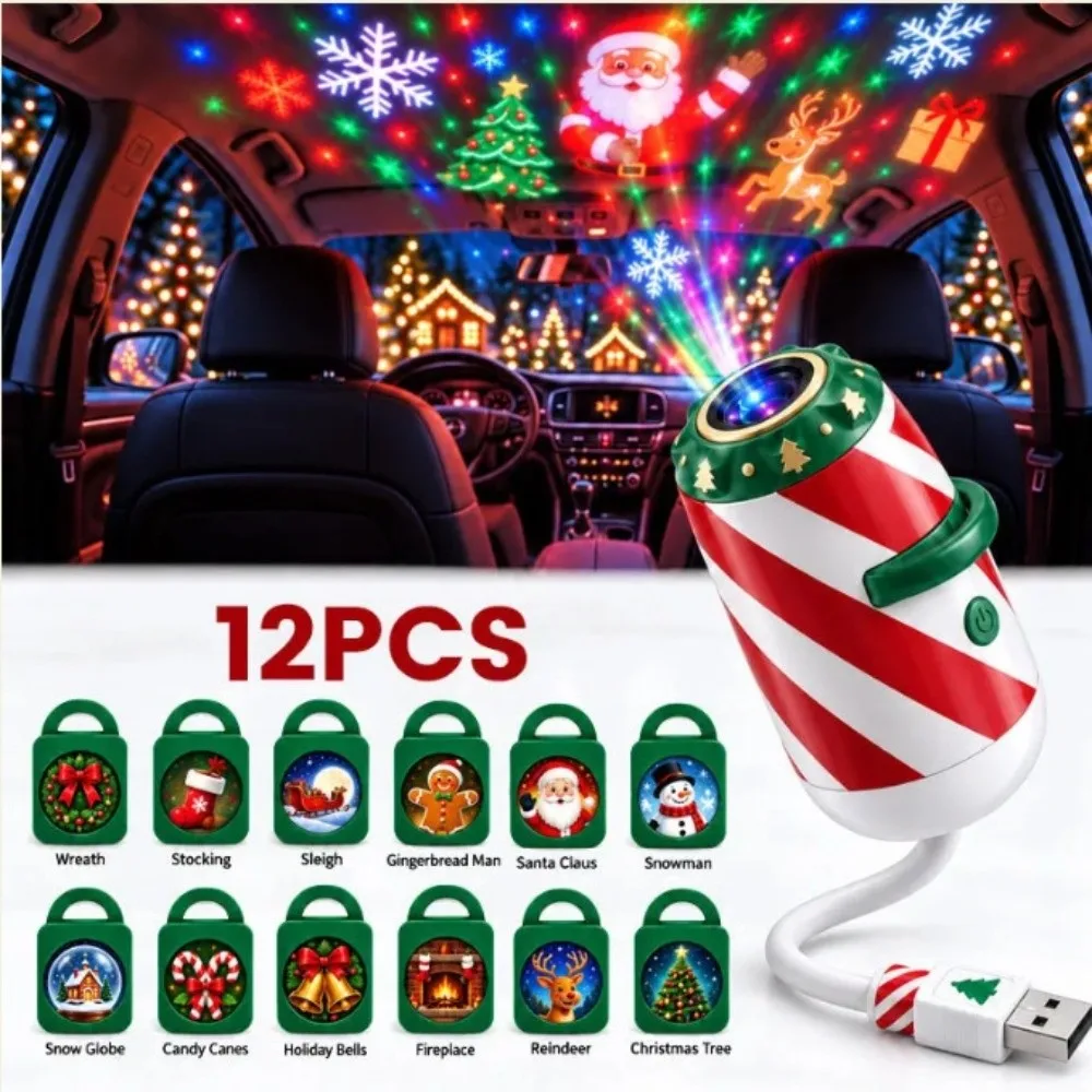 Rotatable Projection Christmas Car Projector Light Candy Cane Christmas Pattern Slides Projection Lamp Pattern Slides