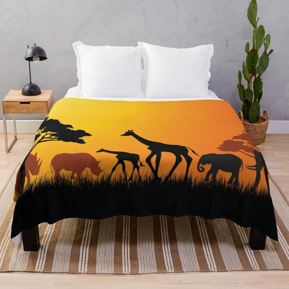 Africa Savanna Animal Silhouette at Sunset Throw Blanket Warm Custom Decoratives Blankets