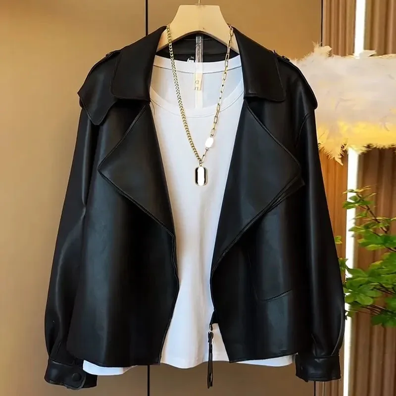 Fashion Short Lapel Cardigan PU Leather Jacket Loose Casual Women Jackets 2024 New Spring Autumn High-End Korean Motorcycle Coat