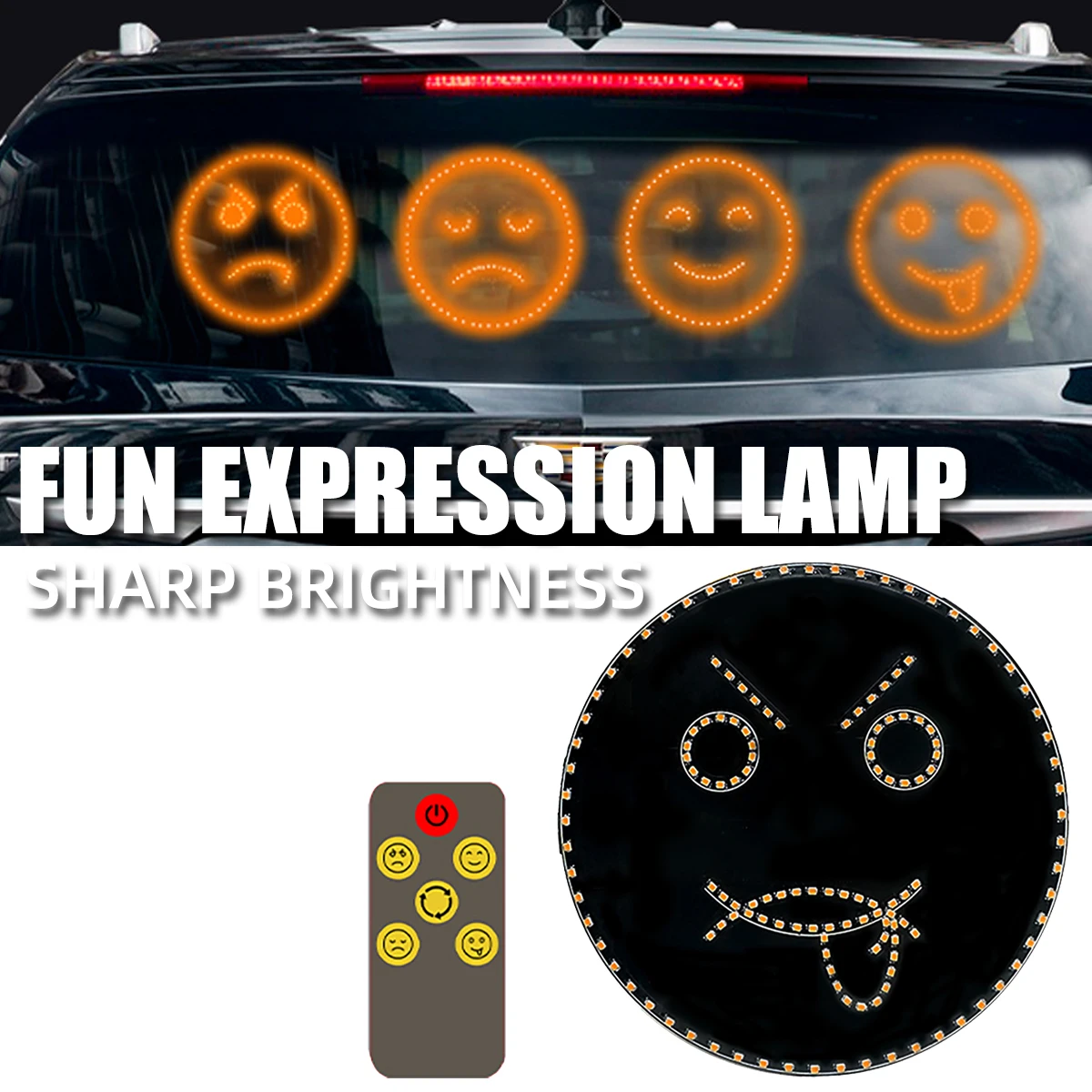 Car Round Expression Smile Light With Remote Control LED Funny Emotion Light Car Rear Windshield Ambient Mood Light