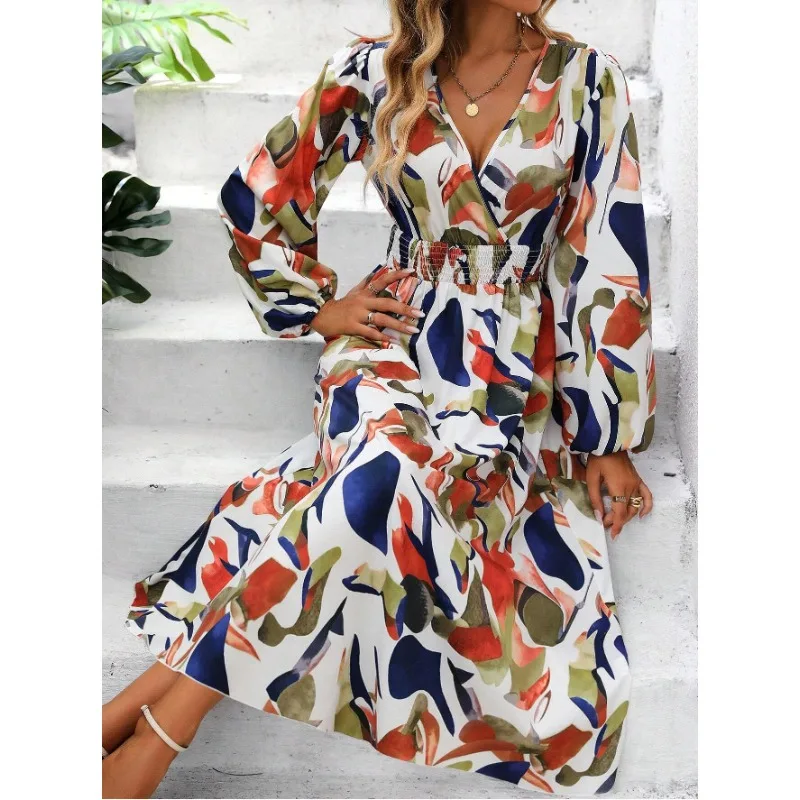 New Spring Women's Elegant 3D Colorful Halter Deep V-neck Long Sleeve Dress Temperament Commuting Female Fashion A-line Dresses