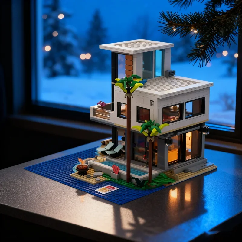 ตัวต่อโมเดิร์นบีชเฮาส์แบบโมดูลาร์ 971 ชิ้น ของเล่นประกอบสถาปัตยกรรม ไอเดียของขวัญคริสต์มาส ตัวต่อเสริมพัฒนาการ