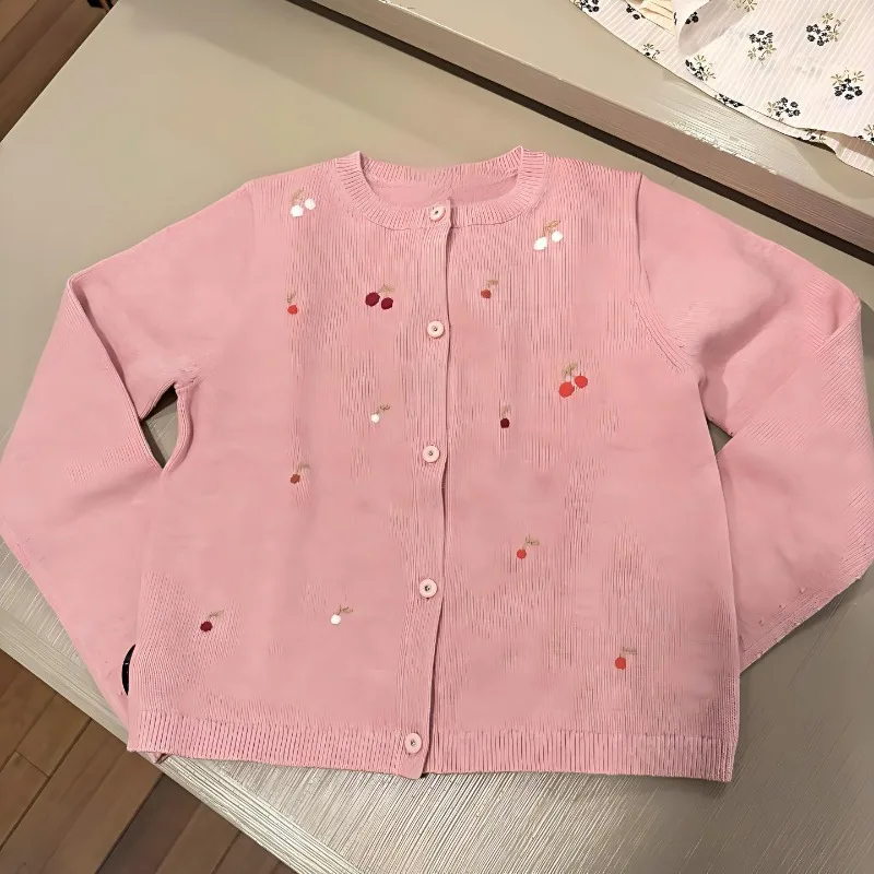 Girls Sweater Fall Winter 2026 New Pink Cherry Hand Embroidered Cardigan Kids Knitted Coat Wool Warm Girls Long Sleeve Sweater